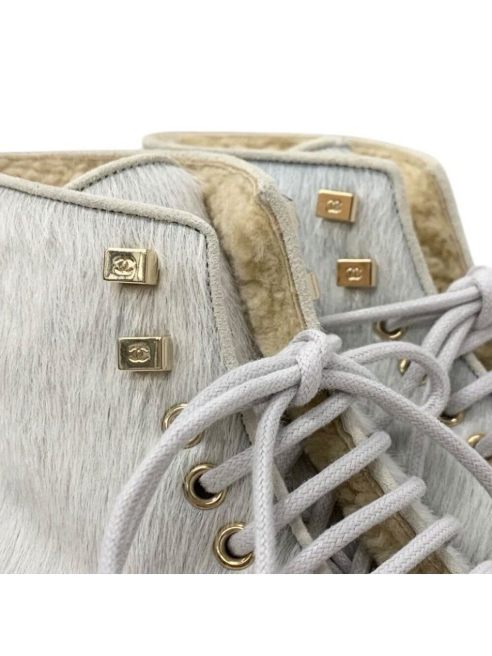 Chanel Boots Short Shoes Haraco Suede Shearling Beige Gray Coco Mark Lace - Picture 10 of 10